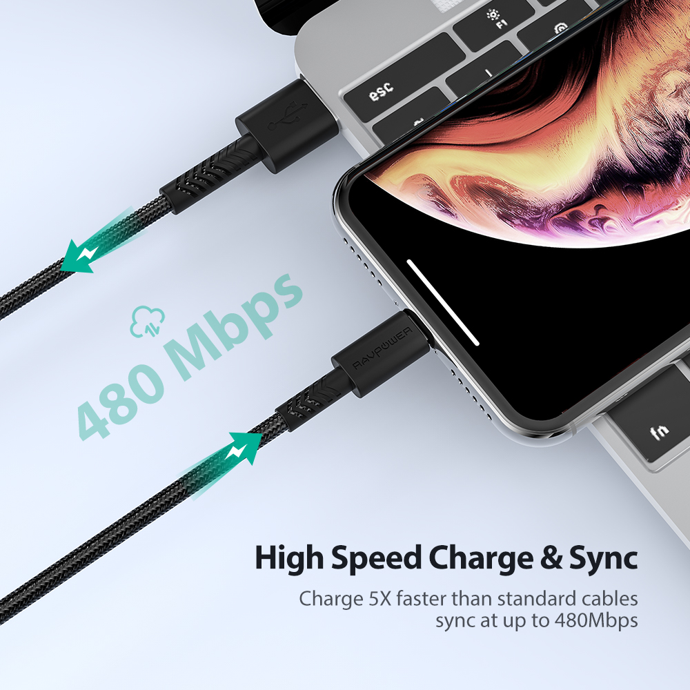 RAVPOwer 2m Nylon Yarn Braided Lightning Cable Offline - BLACK