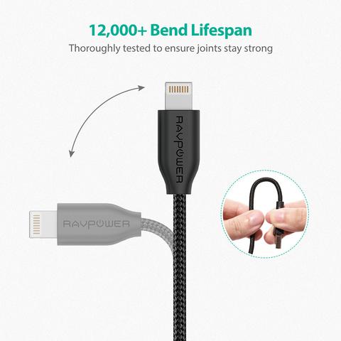 RAVPower 1.2m Nylon Yarn Braided Lightning Cable - Black