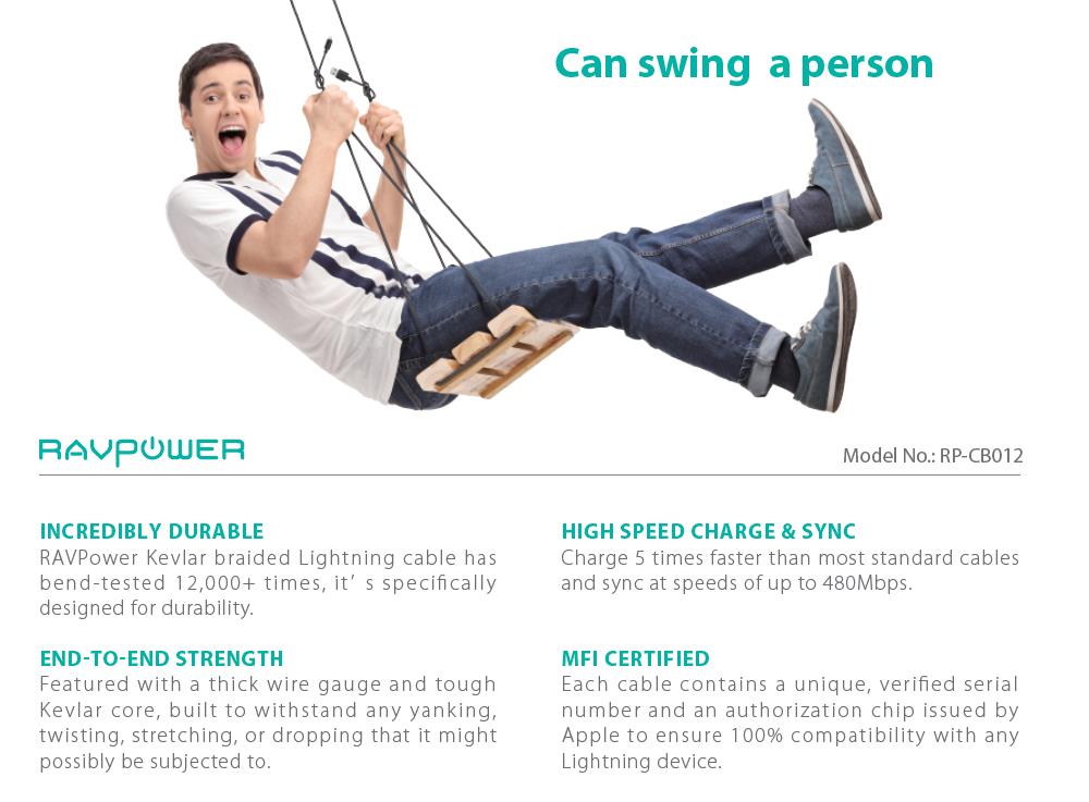 RAVPower 1.2m Nylon Yarn Braided Lightning Cable - Black