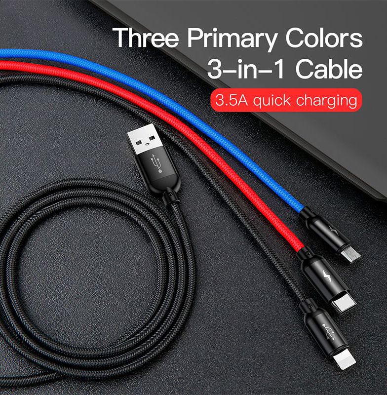 Baseus Three Primary Colors 3-in-1 Cable USB For M+L+T 3.5A 1.2M Black