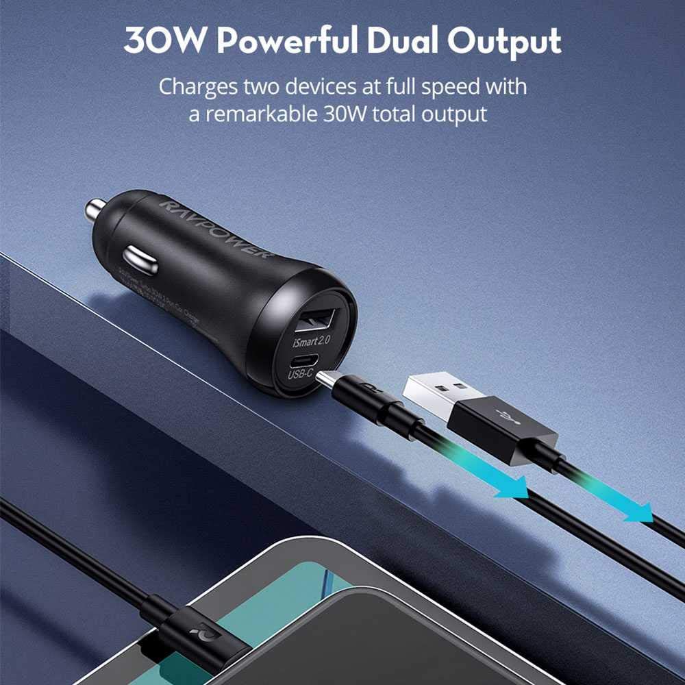 RAVPower 2-Pack PD Pioneer 30W 2-Port USB Car Charger Combo