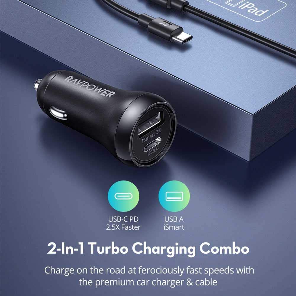 RAVPower 2-Pack PD Pioneer 30W 2-Port USB Car Charger Combo