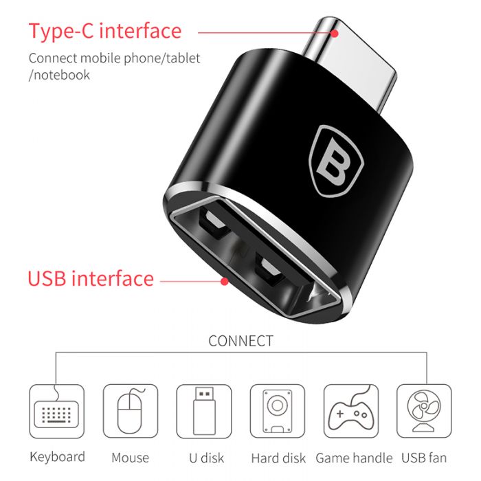 Baseus USB Female To Type-C Male Adapter Converter Black