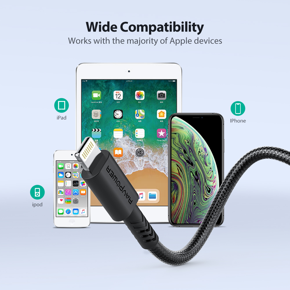 RAVPOwer 2m Nylon Yarn Braided Lightning Cable Offline - BLACK
