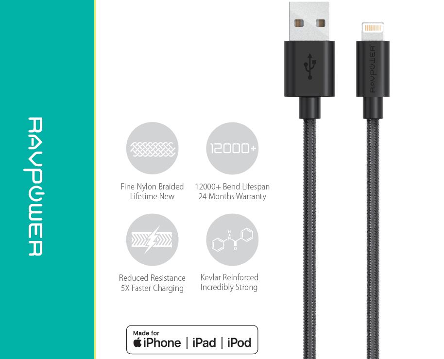 RAVPower 1.2m Nylon Yarn Braided Lightning Cable - Black