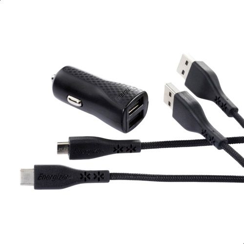 ENERGIZER CAR CHARGER LW 2.4A 2USB+USB-C2.0 +Micro Cable Bk